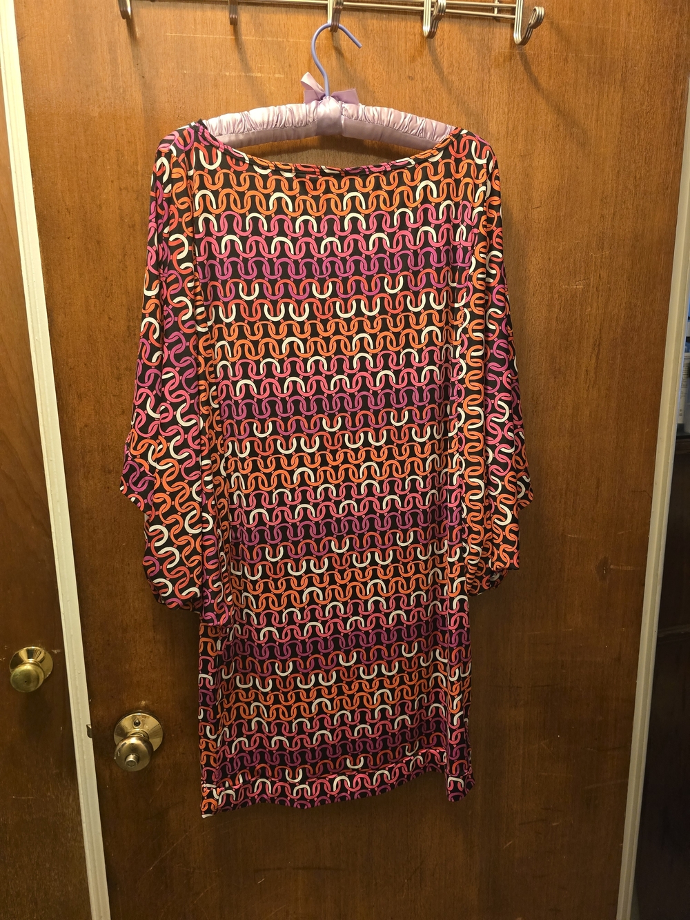 Trina Turk Pink and Orange Long Sleeve Geometric Shift Dress